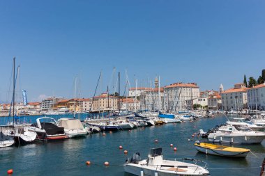 PİRAN, SLOVENIA - 19 Mayıs 2025: Adriyatik Denizi 'nin açık mavi sularına demirlemiş renkli tekneleri gösteren, Slovenya' nın Piran kentindeki güneşli ve canlı bir liman manzarası