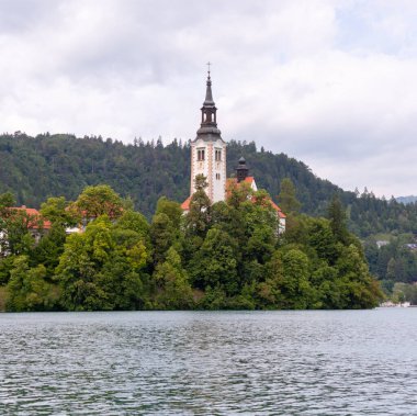 Slovenya 'nın Bled Gölü' nün ortasındaki yemyeşil ağaçların üzerinde yükselen, Bled Adası 'ndaki Meryem' in Varsayımının ikonik hac kilisesinin huzurlu bir manzarası.