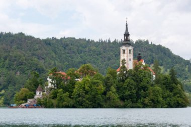 Slovenya 'nın Bled Gölü' nün ortasındaki yemyeşil ağaçların üzerinde yükselen, Bled Adası 'ndaki Meryem' in Varsayımının ikonik hac kilisesinin huzurlu bir manzarası.