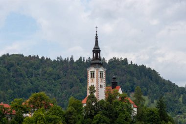 Slovenya 'nın Bled Gölü' nün ortasındaki yemyeşil ağaçların üzerinde yükselen, Bled Adası 'ndaki Meryem' in Varsayımının ikonik hac kilisesinin huzurlu bir manzarası.