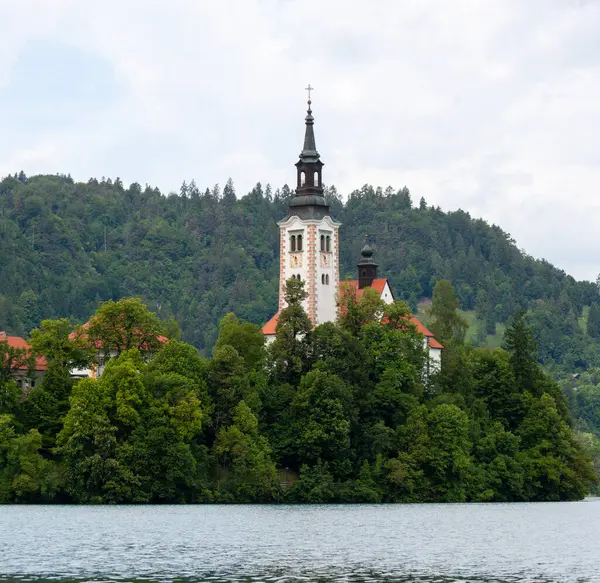 Slovenya 'nın Bled Gölü' nün ortasındaki yemyeşil ağaçların üzerinde yükselen, Bled Adası 'ndaki Meryem' in Varsayımının ikonik hac kilisesinin huzurlu bir manzarası.