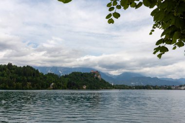 Bled Gölü 'nün pitoresk manzarası ön plandaki yemyeşil yapraklar tarafından çerçevelenmiş ve turkuaz sulara kısa bir bakış sunuluyor. Slovenya