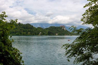 Bled Gölü 'nün pitoresk manzarası ön plandaki yemyeşil yapraklar tarafından çerçevelenmiş ve turkuaz sulara kısa bir bakış sunuluyor. Slovenya