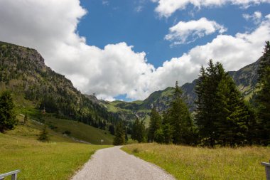 Almanya 'nın Oberstdorf kentindeki Nebelhornbahn teleferiğinin Seealpe orta istasyonundaki Alp deneyiminin özünü yansıtan pitoresk bir manzara