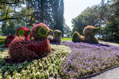 Charming floral sculptures of ducks and other birds in the world-renowned gardens of Mainau Island on Lake Constance (Bodensee), under a bright summer sky