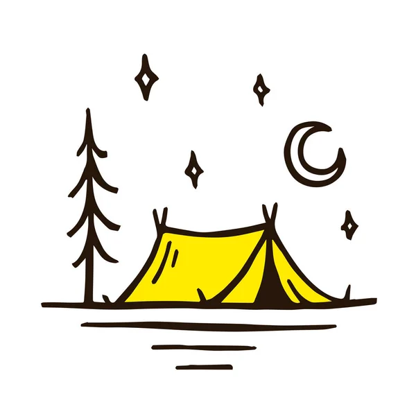 屋外キャンプ場のドア 漫画テントキャンプ図面 夏の月明かりのキャンプアドベンチャーグラフィック ベクターイラスト — ストックベクタ