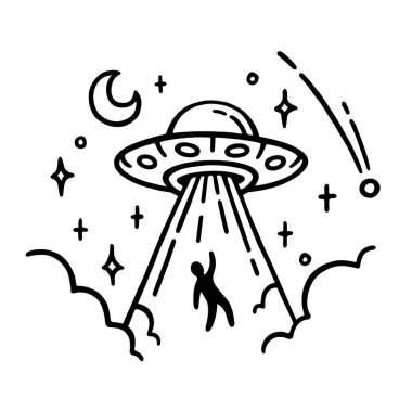 Uzaylılar tarafından kaçırılan UFO dövme tasarımı. Uçan daire çizimi. Uzay gemisi adam kaçırıyor. Vektör illüstrasyonu.