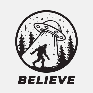 Koca Ayak ve UFO sticker tasarımı. Kocaayak uzaylı kaçırma sanatı. Uçan daire kriptid tişört tasarımına inanıyor. Vektör illüstrasyonu.