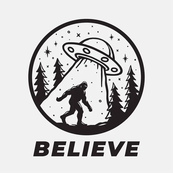 Bigfoot Ufo Sticker Ontwerp Buitenaardse Ontvoeringskunst Vliegende Schotel Cryptid Geloven — Stockvector