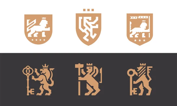 Aslan Logosu Simgesi Seti Kraliyet Markası Kimlik Tasarım Koleksiyonu Heraldik — Stok Vektör