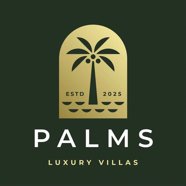 Logo Palmera Icono Villas Lujo Emblema Del Árbol Coco Etiqueta — Vector de stock