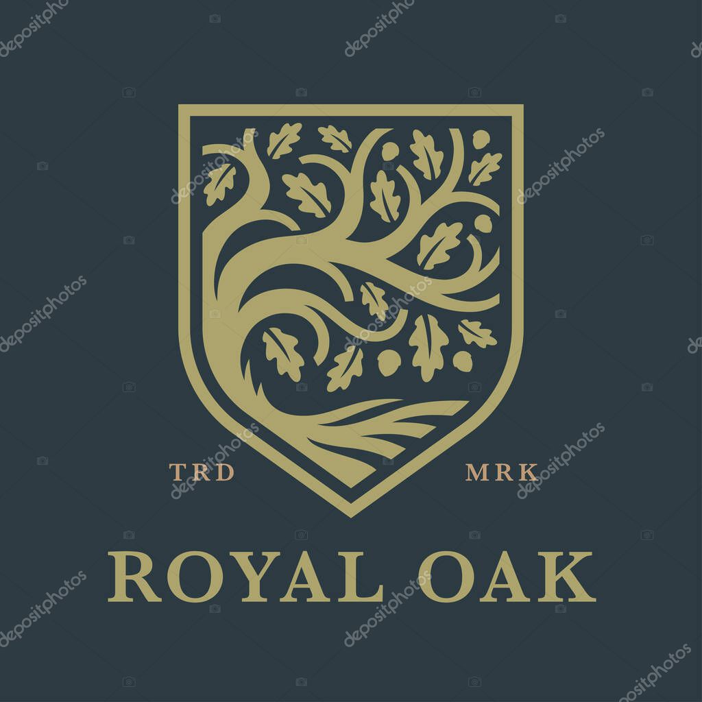 Oak tree shield logo icon. Royal crest nature brand emblem. Vector illustration.