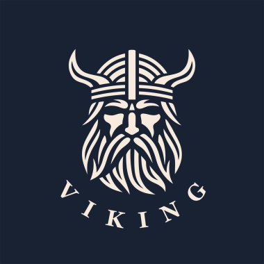 Kuzey Viking logosu. İskandinav savaşçı ikonu. Boynuzlu barbar miğferi. Norseman Odin amblemi. Vektör illüstrasyonu.