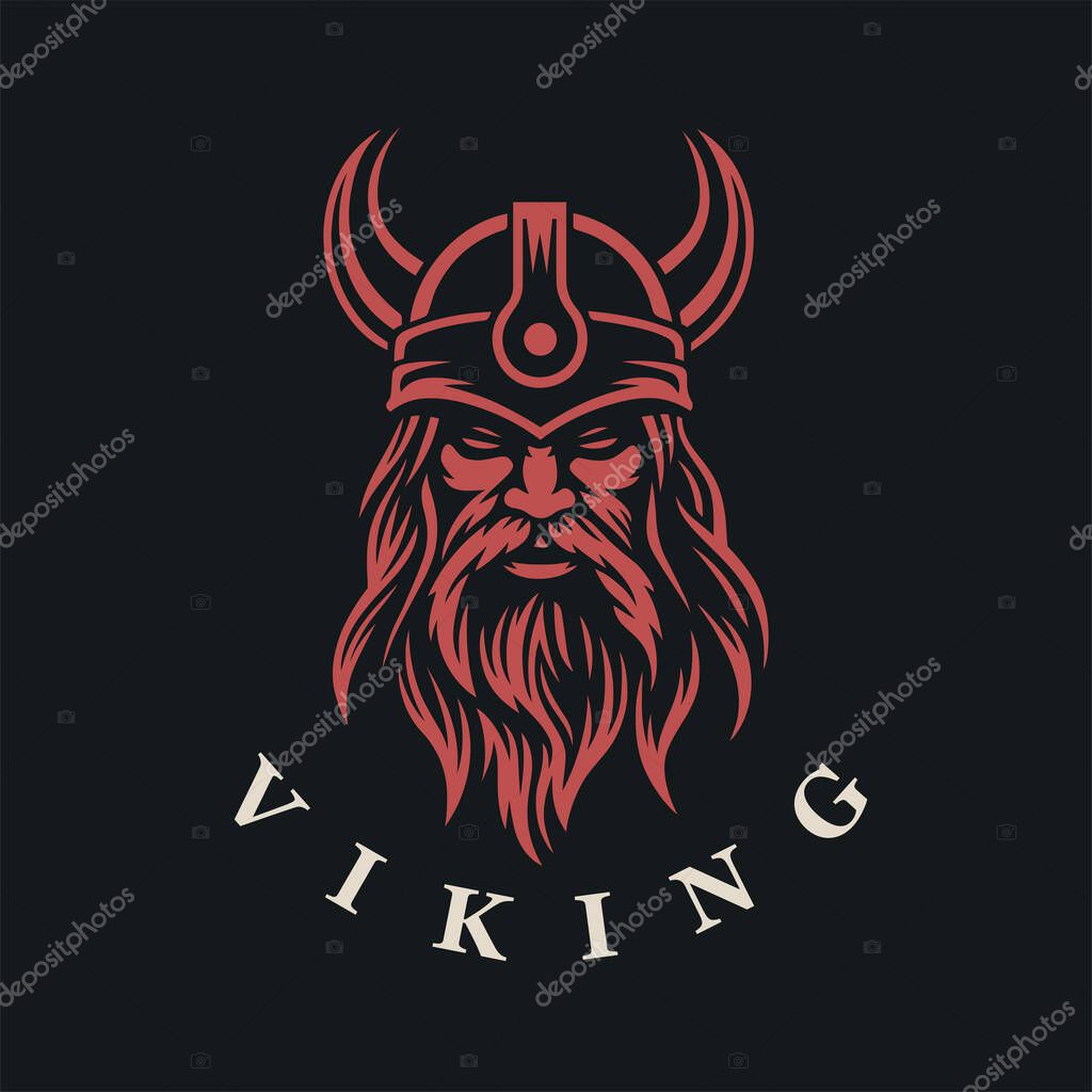 Nordic viking logo. Norse warrior icon. Horned barbarian helmet symbol. Norseman Odin emblem. Vector illustration.