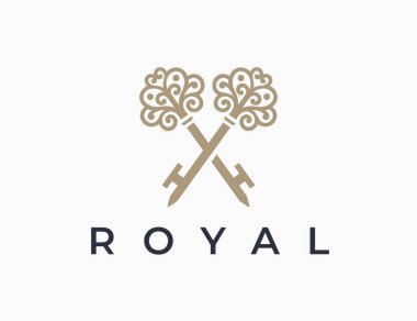 Çapraz eski anahtar simgesi. Lüks emlak ajansı logosu tasarımı. Kraliyet emlakçısı amblemi. Vektör illüstrasyonu.