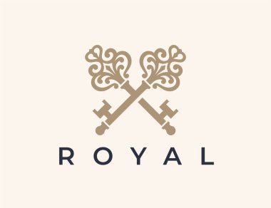 Çapraz eski anahtar simgesi. Lüks emlak ajansı logosu tasarımı. Kraliyet emlakçısı amblemi. Vektör illüstrasyonu.