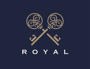 Çapraz eski anahtar simgesi. Lüks emlak ajansı logosu tasarımı. Kraliyet emlakçısı amblemi. Vektör illüstrasyonu.