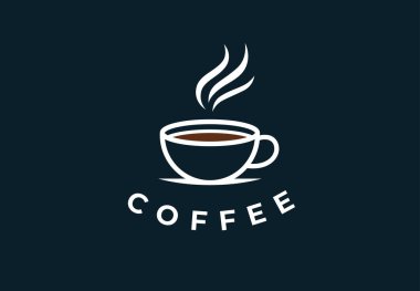 Kahve fincanı logosu. Kafe sabıka ikonu. Latte sembolü. Sıcak içecek tabelası. Kapuçino amblemi. Vektör illüstrasyonu.