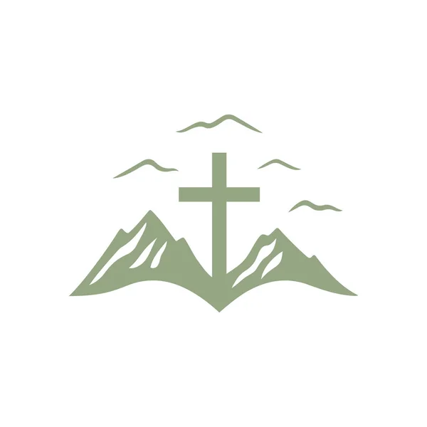 Croce Cristiana Sull Icona Della Montagna Marchio Del Logo Della — Vettoriale Stock