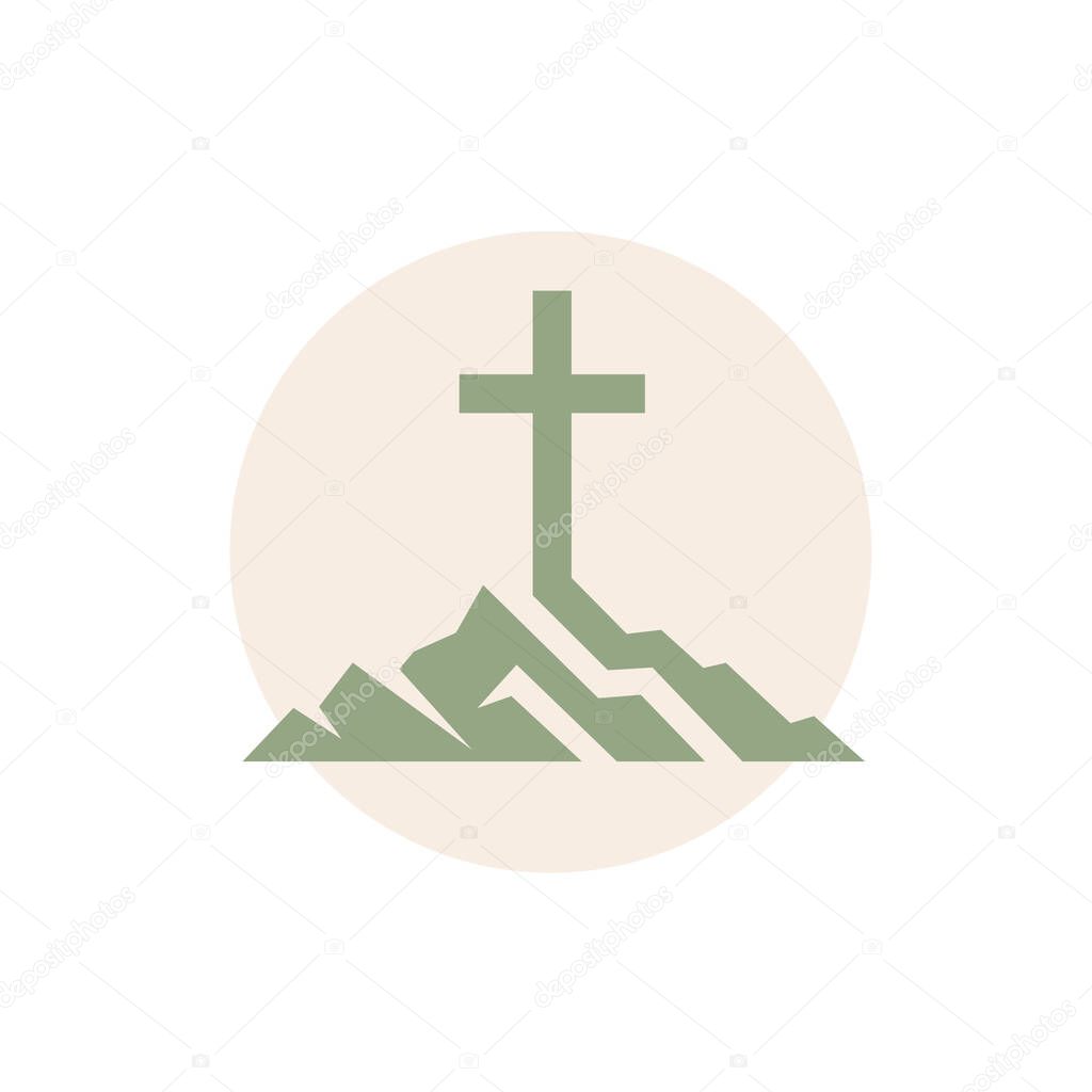 Christian cross on mountain icon. Church logo mark. Religious symbol. Vector illustration.