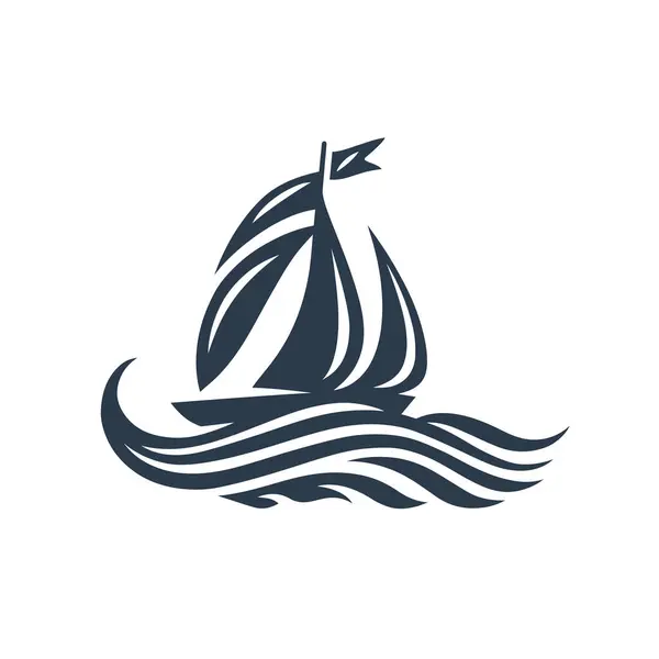 Klassiek Zeilboot Logo Zeeschip Oceaan Icoon Zeevaartembleem Schip Mast Golven Rechtenvrije Stockillustraties