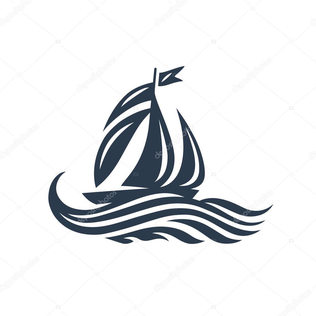 Classic sailing boat logo. Sailboat ocean icon. Nautical voyage emblem. Ship mast and waves symbol. Vector illustration.