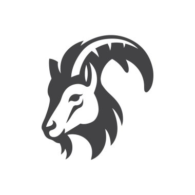 Keçi logosu. Boynuzlu koç ikonu. Çiftlik hayvanı amblemi. Vektör illüstrasyonu.