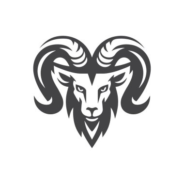 Ram logosu. Boynuzlu keçi ikonu. Vahşi kızgın bighorn amblemi. Vektör illüstrasyonu.