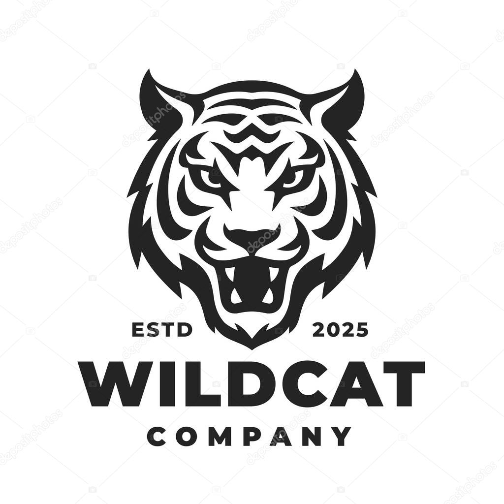 Wildcat tiger logo template. Wild cat emblem. Angry animal head brand design. Vector illustration.