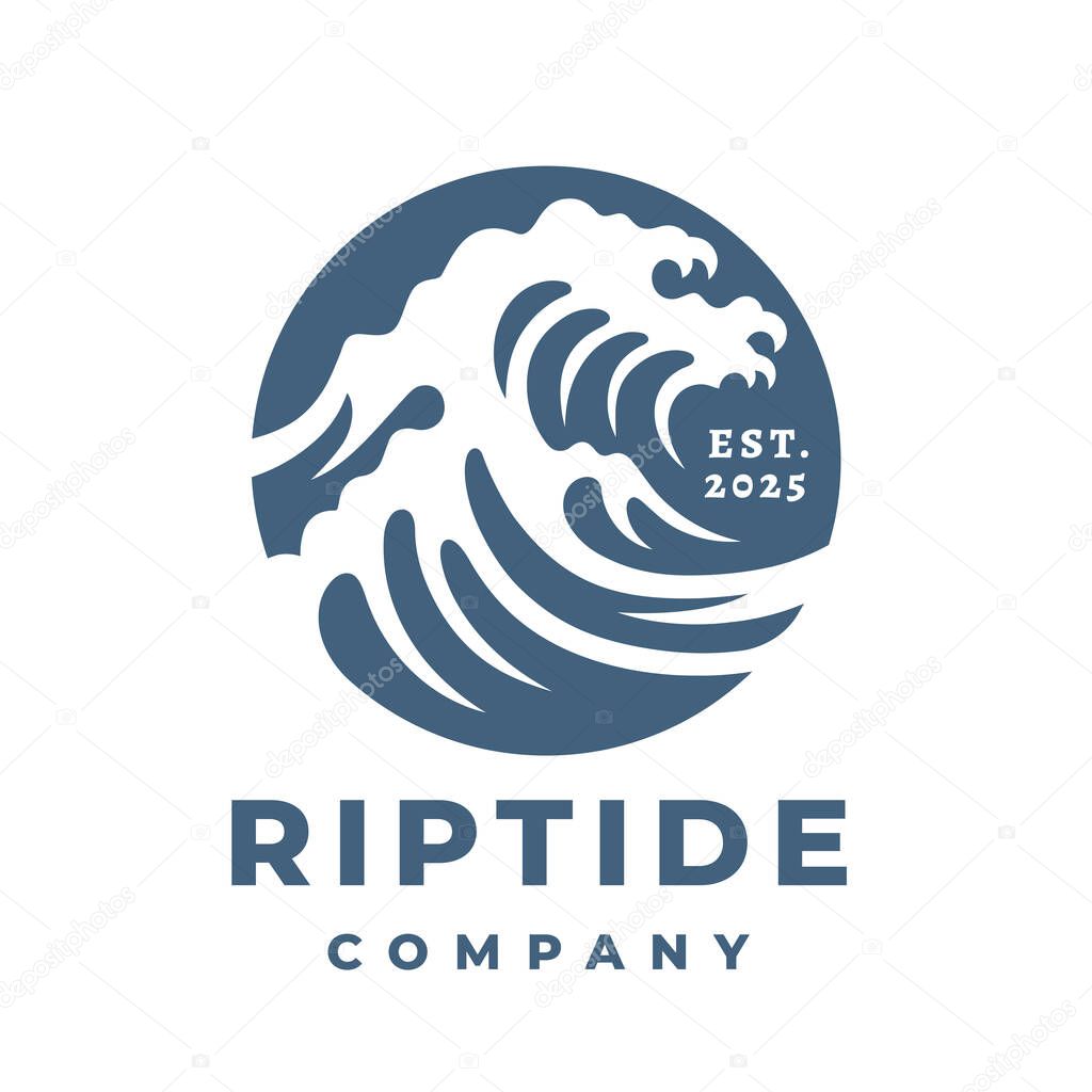 Breaking wave logo. Tidal riptide surfing icon. Crashing coastal surf emblem. Ocean marine sea water nature vector illustration.