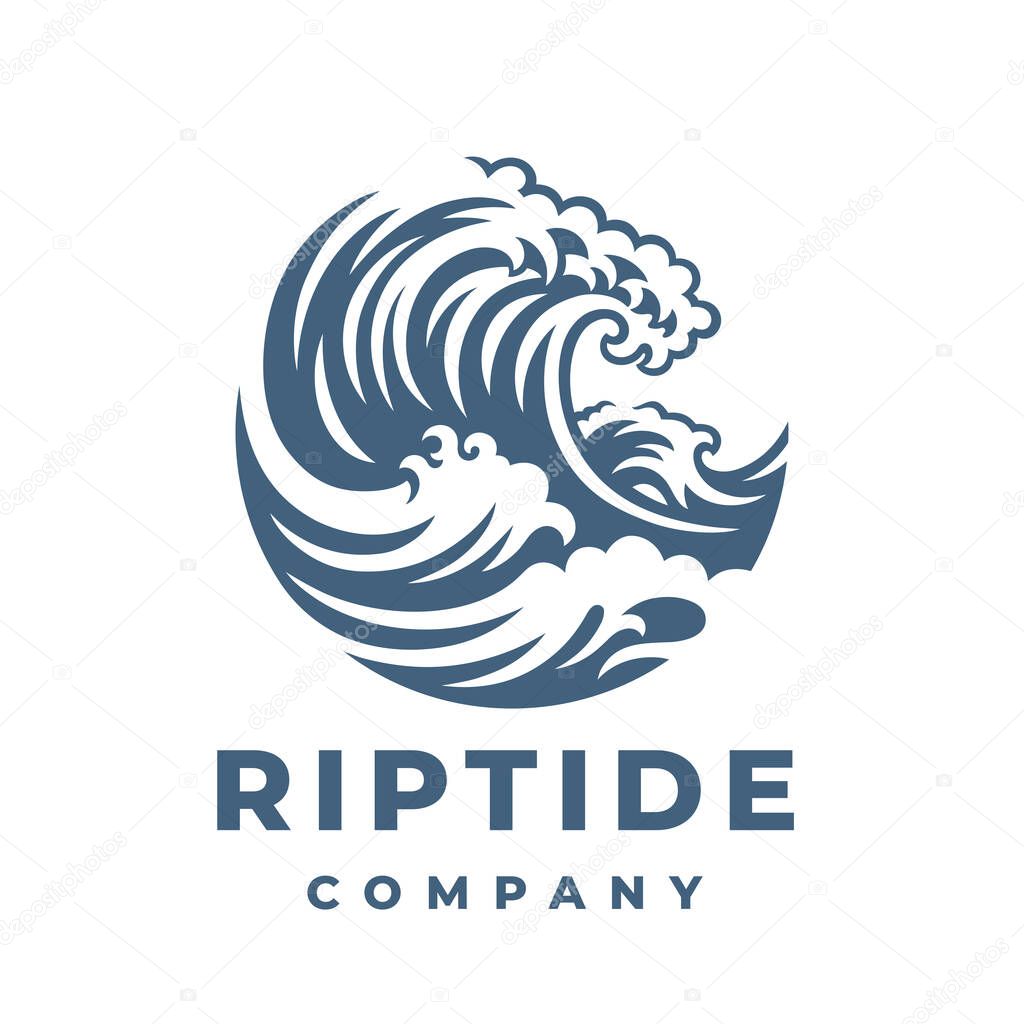 Breaking wave logo. Tidal riptide surfing icon. Crashing coastal surf emblem. Ocean marine sea water nature vector illustration.