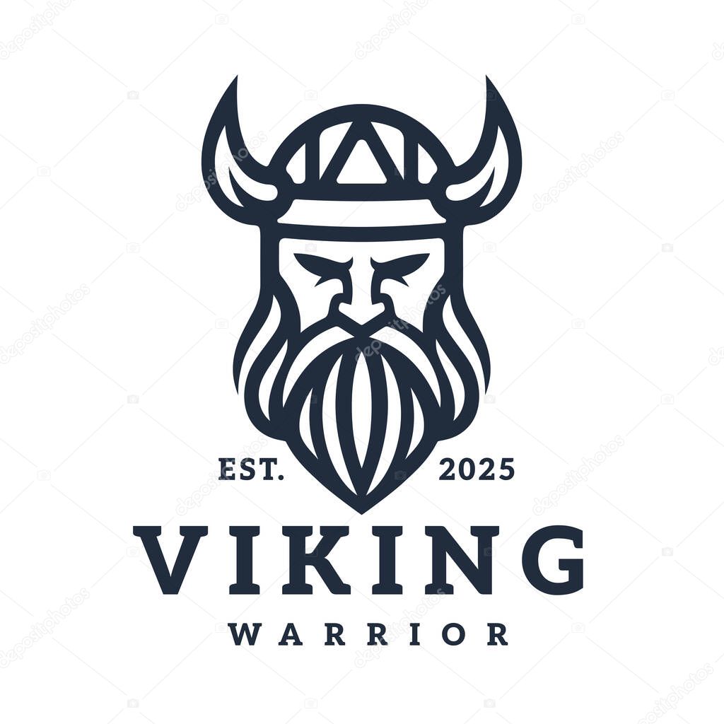 Nordic viking logo. Norse warrior icon. Horned barbarian helmet symbol. Norseman Odin emblem. Vector illustration.