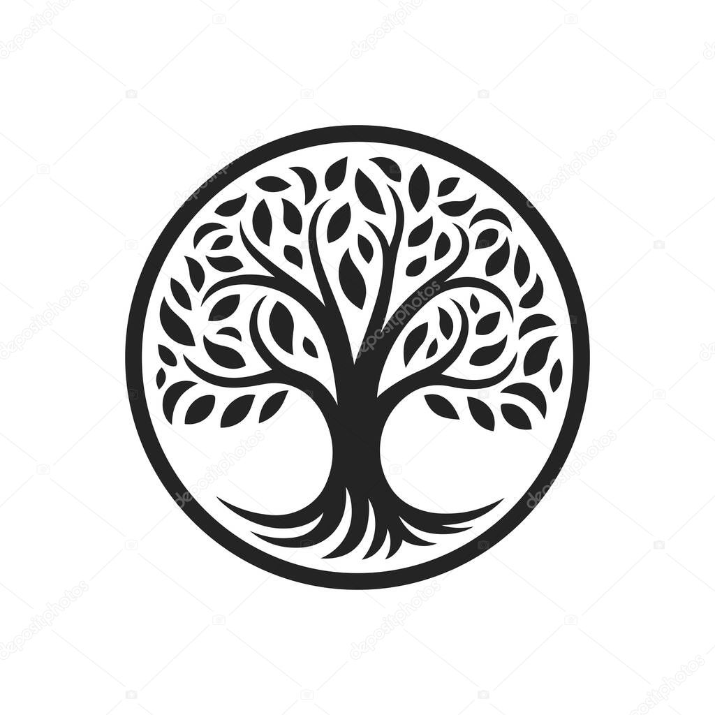 Tree of life emblem. Tree of knowledge symbol. Organic nature icon. Natural plant logo. Vector illustration.