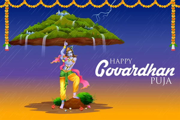 Illustration Lord Krishna Lifting Govardhan Mountain Govardhan Puja Festival Background — Stock Vector