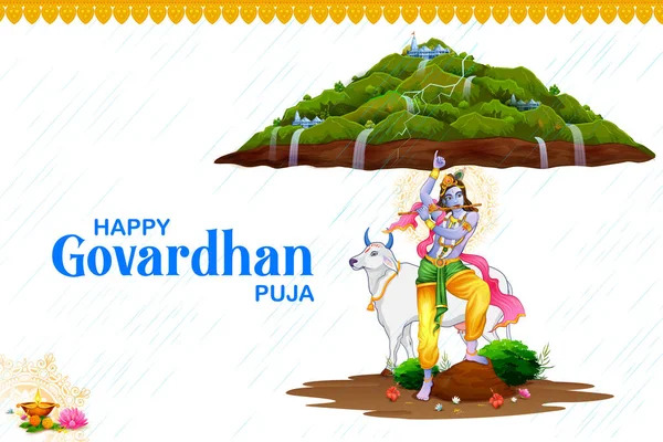 Illustration Lord Krishna Lifting Govardhan Mountain Govardhan Puja Festival Background — Stock Vector