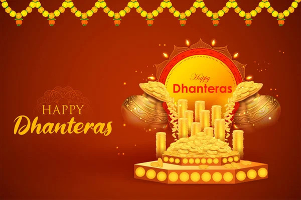 Illustratie Van Gouden Munt Pot Voor Dhantera Viering Happy Diwali — Stockvector