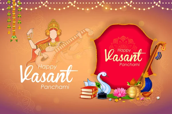 Illustration Gudinnan Visdom Saraswati För Vasant Panchami Indien Festival Bakgrund — Stock vektor