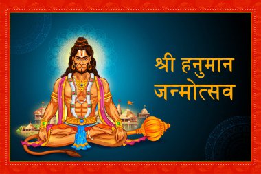 Hindistan dini bayramı için Hanuman Jayanti Janmotsav 'ın kutlama geçmişi anlamına gelen Hintçe metin ile Tanrı Hanuman' ın illüstrasyonu