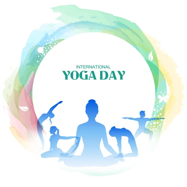 Illustration Von Asana Und Meditationspraktiken Anlässlich Des Internationalen Yoga Tages — Stockvektor
