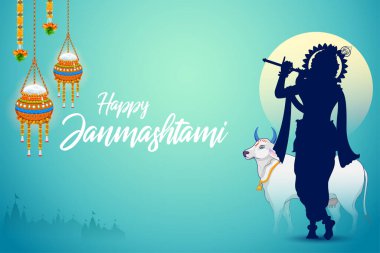 illustration of Lord Krishna playing flute in Happy Janmashtami festival background of India clipart