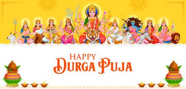 illustration of Goddess Durga Face in Happy Durga Puja Subh Navratri Indian religious festival background
