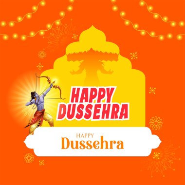 Lord Rama 'nın Mutlu Dussehra Festivali' nde Bow ve Arrow 'u tutarken Hindistan arka planında çekilmiş bir resim.