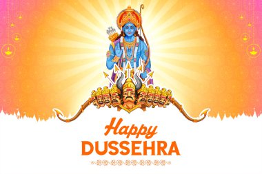 Lord Rama 'nın Mutlu Dussehra Festivali' nde Bow ve Arrow 'u tutarken Hindistan arka planında çekilmiş bir resim.