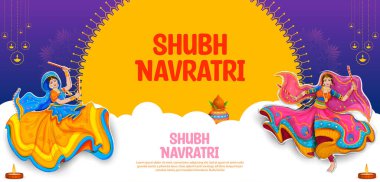 Hindistan Navratri Dussehra festivali için disko Garba Gece afiş Dandiya oynayan kadın illüstrasyon