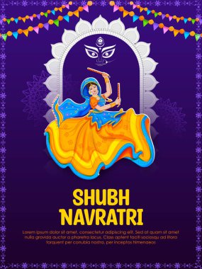 Hindistan Navratri Dussehra festivali için disko Garba Gece afiş Dandiya oynayan kadın illüstrasyon