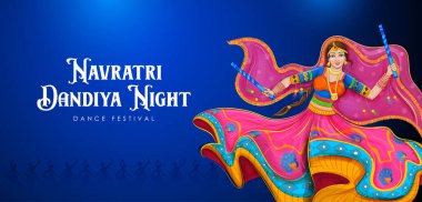 Hindistan Navratri Dussehra festivali için disko Garba Gece afiş Dandiya oynayan kadın illüstrasyon