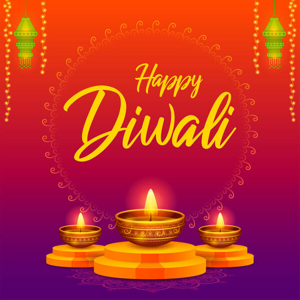 illustration of burning diya on Happy Diwali Holiday background for light festival of India