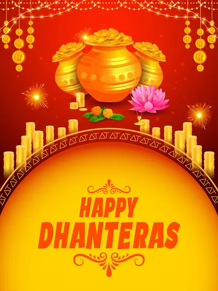 Ilustrace Zlaté Mince Hrnci Pro Oslavu Dhantera Happy Diwali Light — Stockový vektor