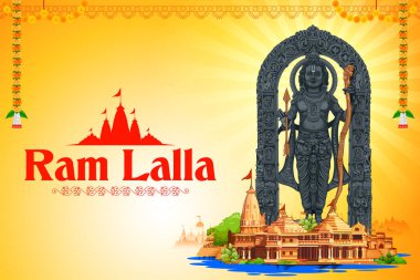 illustration of religious background of idol of Shri Ram of Janmbhoomi Teerth Kshetra Lord Rama in Ayodhya birth place Lord Rama with text in Hindi meaning Ram Lalla clipart
