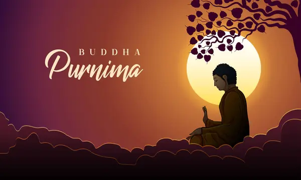 仏教祭のための菩提樹の下の瞑想における主仏のイラスト Happy Buddha Purnima Vesak ストックベクター